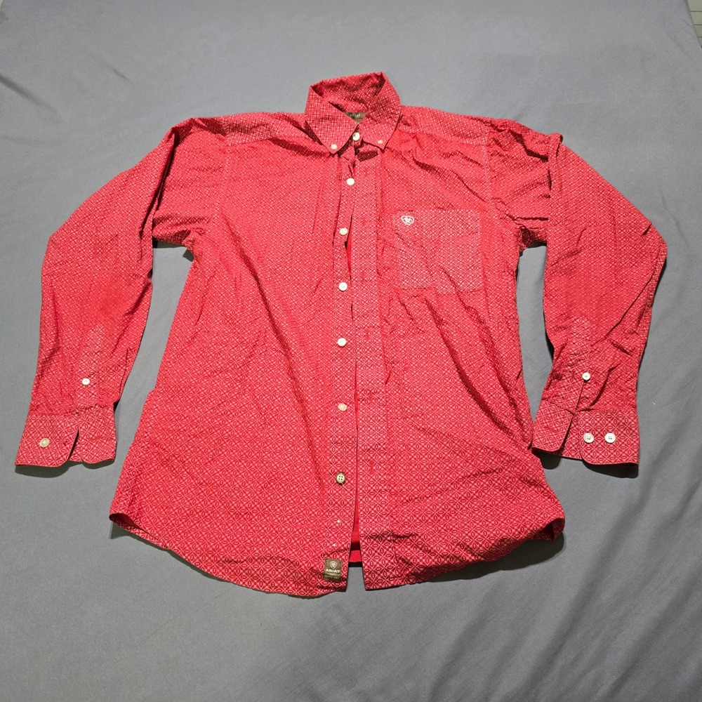 Ariat Button Down Shirt Mens Small Red Geometric Diamond Fitted Long Sleeve